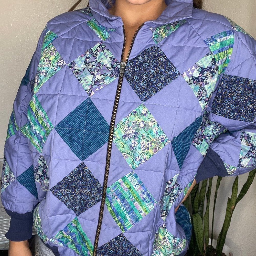 American Vintage Quilted Patchwork Bomber Jacket in Lavender, Teal, Navy